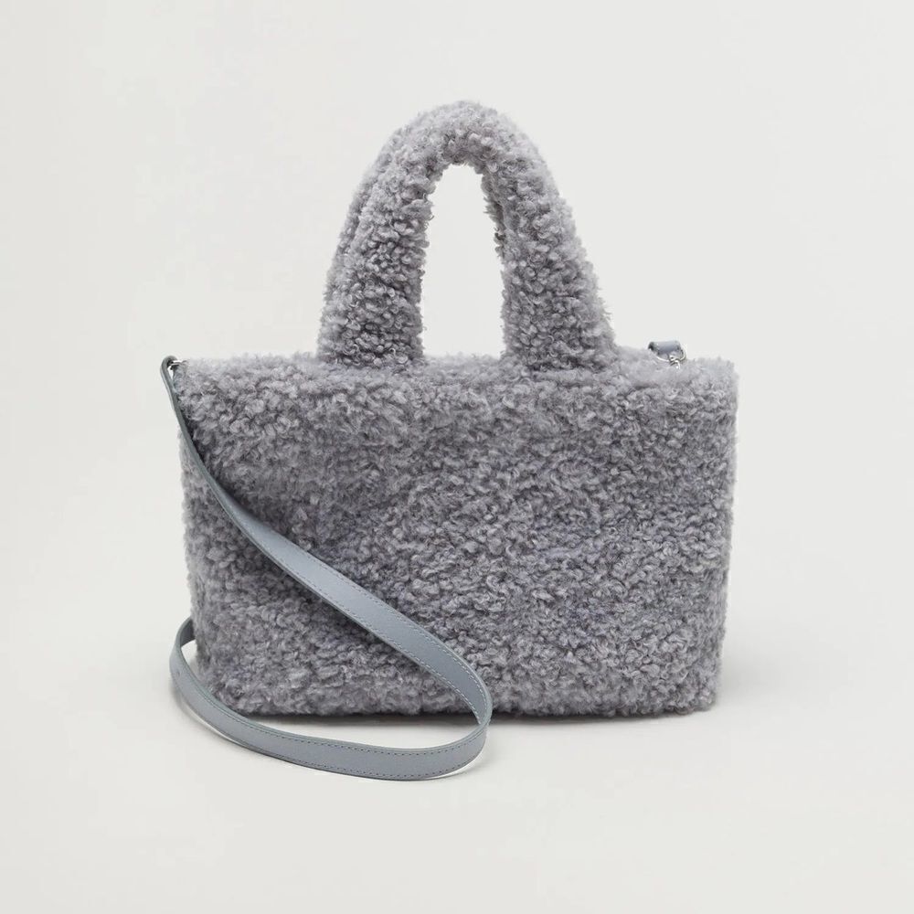 Mango Faux Shearling Fur Shopper Gray Bag Tote